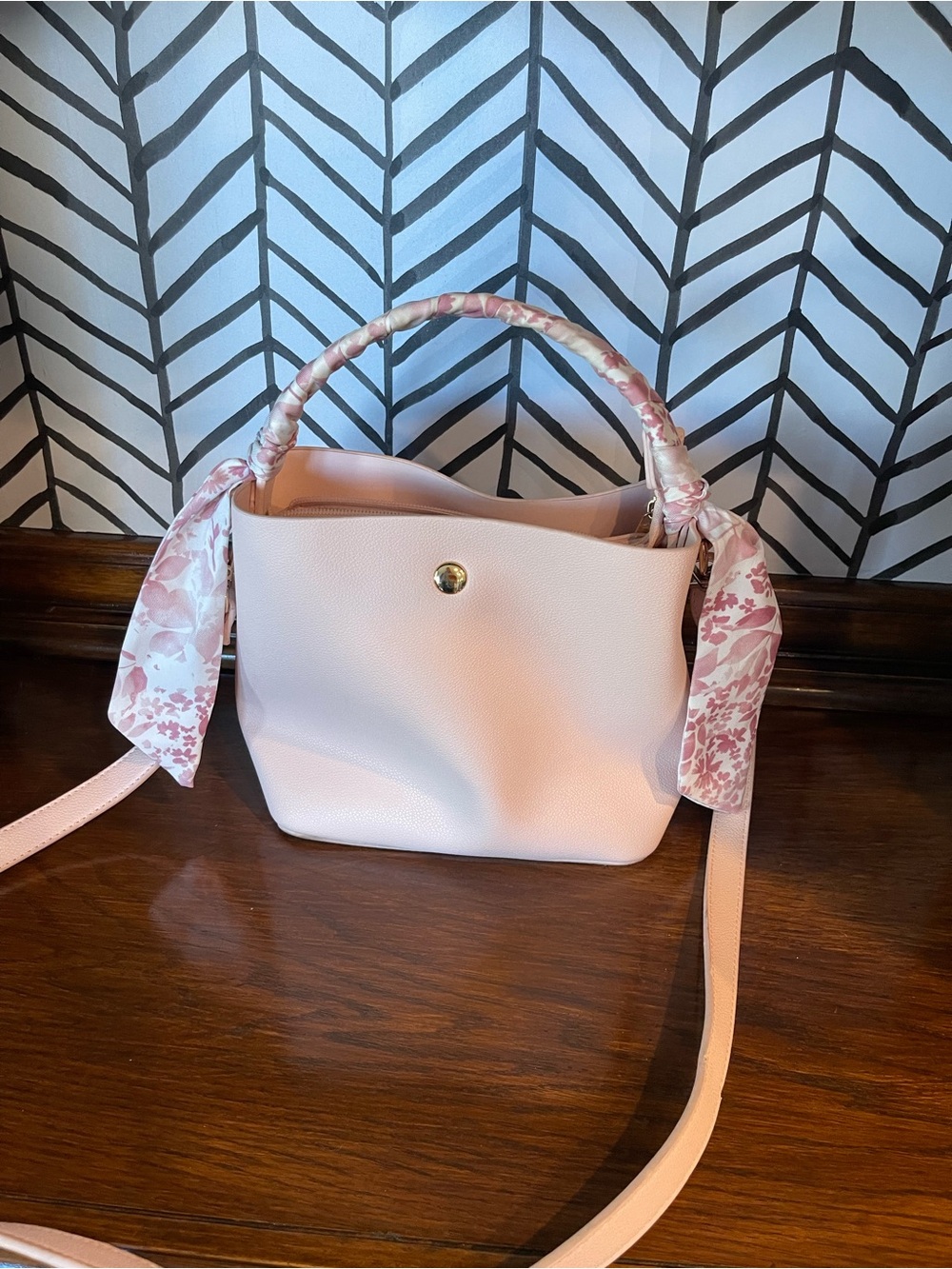 Women's Pink Bucket Bag with Scarf Accent